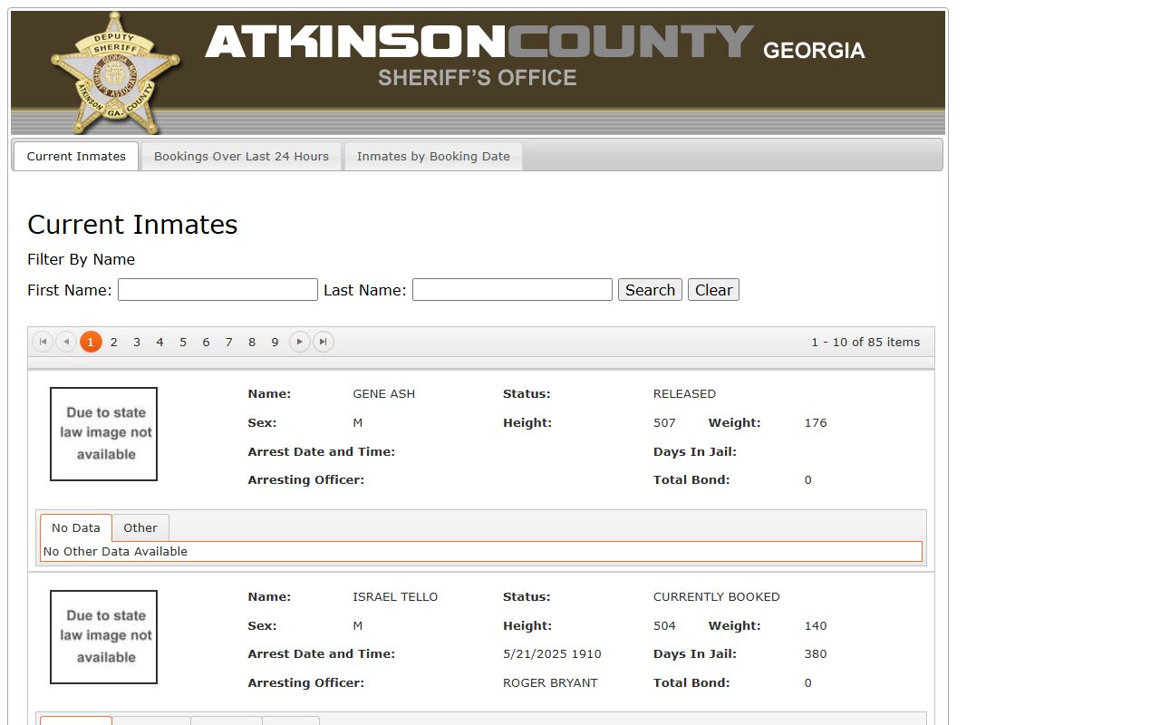 Atkinson County inmate roster search tabs and booking date controls